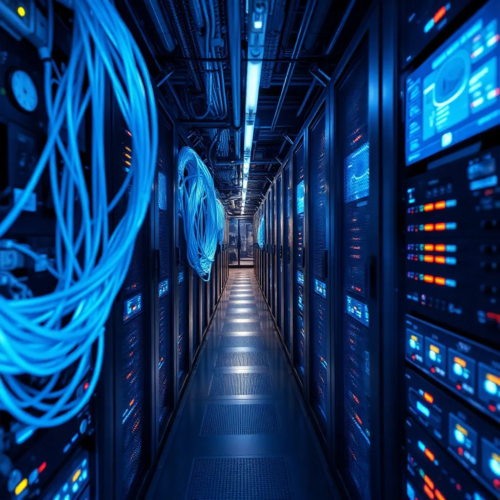High-tech server room with glowing blue fiber optic cables a