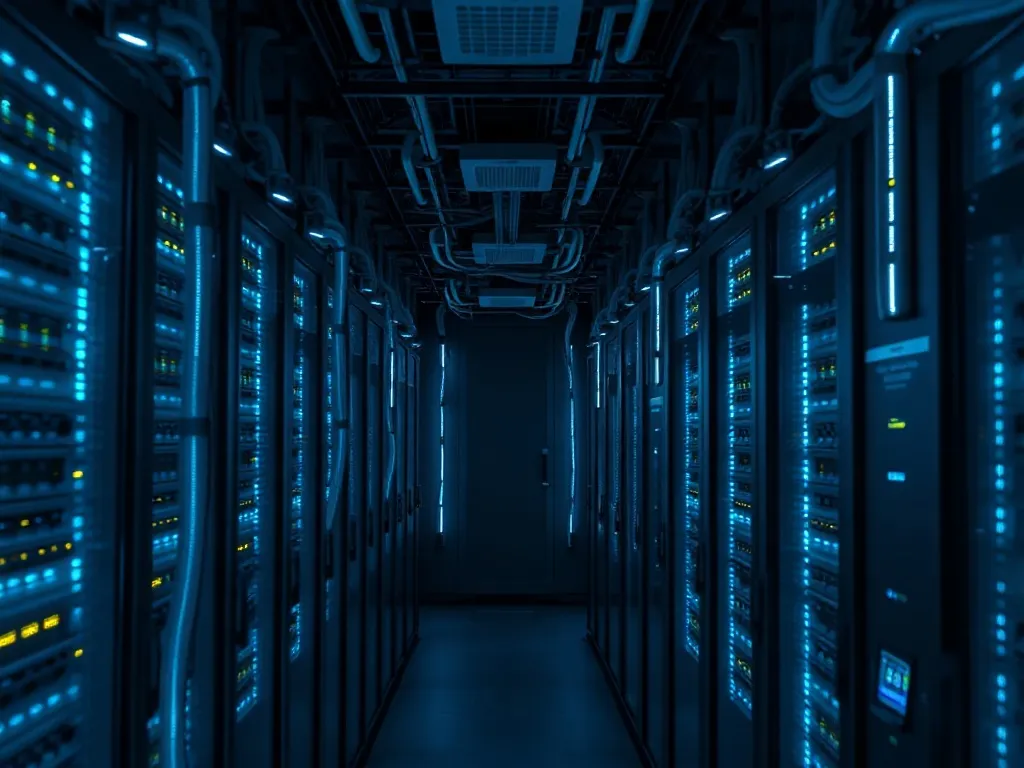 High-tech server room with glowing blue cables and server ra